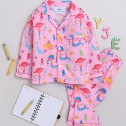 Knitting Doodles Premium Cotton Full Sleeves Mermaid Printed Coordinating Night Suit - Pink-image-67
