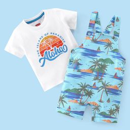 Babyhug 100% Cotton Single Jersey Knit Palm Tree  Printed Dungaree and Half Sleeves T-Shirt Set - White & Light Green-image-12