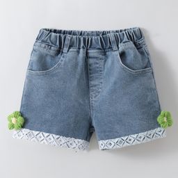 Kookie Kids Washed Shorts With Floral Applique - Blue-image-87