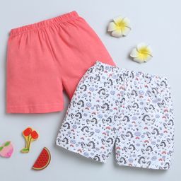 BUMZEE Pack Of 2 Solid & Baby Unicorn Printed Shorts - Coral & White-image-93