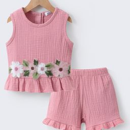 Mark & Mia Cotton Knit Sleeveless Top & Shorts Set with Floral Embroidery - Pink-image-12