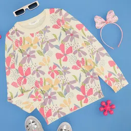 Pantaloons Junior Full Sleeves Floral Printed Sweater - Cream-picture-2