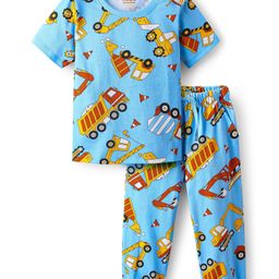Honeyhap Premium 100% Cotton Knit With Bio Finish Half Sleeves Co-Ord Night Suit with Vehicle Print - Baltic Sea & Bright White-image-8