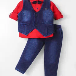 Dapper Dudes Full Sleeves Solid Shirt With Striped Denim Waistcoat & Bow Pant Set - Red-picture-27