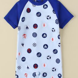 Babyhug Half Raglan Sleeves Legged Swimsuit With Nautical Theme Print - Blue-image-86