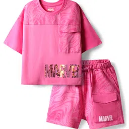 Pine Kids Marvel Single Jersey Knit Half Drop Shoulder Sleeves Oversized Crop T-Shirt & Shorts Set with Avengers Graphics & Reversible Sequin - Pink-picture-9
