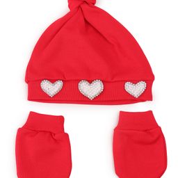 Tipy Tipy Tap Cotton Pearls & Rhinestone Embellished Heart Designed Cap With Mittens Set - Red - Diameter - 32cm-60