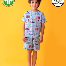 Anthrilo 100% Cotton Knit Half Sleeves Vehicles Printed Coordinating Night Suit Set - Blue-image-9
