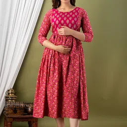 MURLI KURTI Ethnic Motifs Printed Round Neck Cotton Maternity Midi Ethnic Dresses-image-29