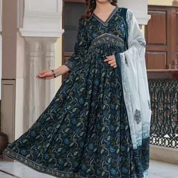 Mizaz Women Floral Printed Layered Mirror Work Pure Cotton Kurta with Trousers & With Dupatta-27