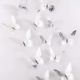 INDIAN ROYALS Set Of 12 White & Silver 3D Butterfly Self Adhesive Wall Sticker-13