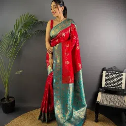 Elora Red Silk Zari Banarasi Saree With Unstitched Blouse-picture-40