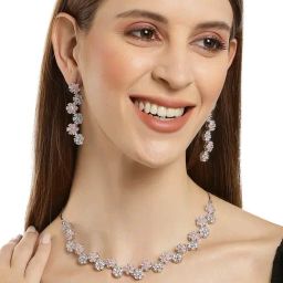 Karatcart Silver Tone Pink Floral AD Necklace Set for Women-image-52
