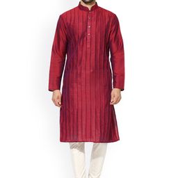 KISAH Men Maroon & Cream-Coloured Self Design Kurta with Pyjamas-picture-6