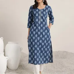 Libas Blue Cotton Straight Fit Printed Kurtas-image-85