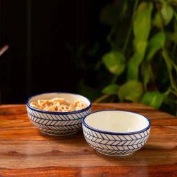 ExclusiveLane 'Indigo Chevron' Hand-painted Ceramic Serving Bowls (Set of 2, 380 ML, Microwave Safe)-10