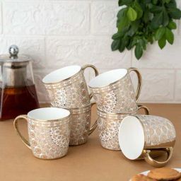 Clay Craft White & Rose Gold Ceramic Cup (0.18 L) - Set of 6-image-71