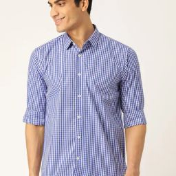 Sojanya Blue Cotton Regular Fit Checks Shirt-image-26