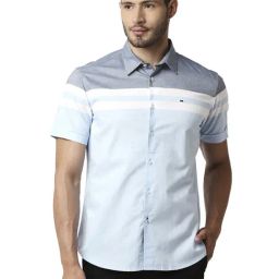 Basics Blue Cotton Slim Fit Colour Block Shirt-image-38