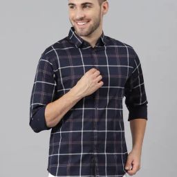 Dennis Lingo Navy Cotton Slim Fit Checks Shirt-image-34