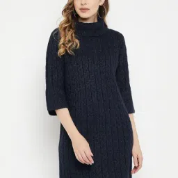 MADAME Navy Wool Self Design Sweater-image-3