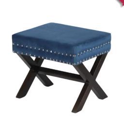 Ikiriya Rosslyn Solid Navy Blue Wood Stool Navy Blue Velvet Finish-image-40