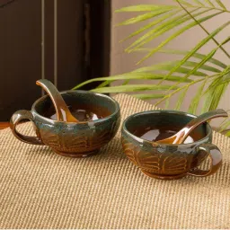 ExclusiveLane 'Amber & Teal' Studio Pottery Soup Bowls With Spoons In Ceramic (Set Of 2) image 1