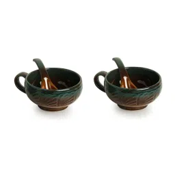 ExclusiveLane 'Amber & Teal' Studio Pottery Soup Bowls With Spoons In Ceramic (Set Of 2) image 2