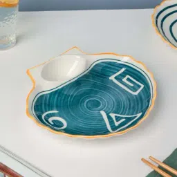 Nestasia White and Blue Nitori Ceramic Shell-Shaped Symbols Plate with Section for Snacks (8.6 Inch)-21