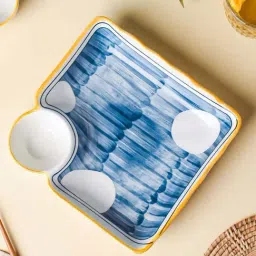 Nestasia microwave safe White and Blue Polka Dot Nitori Ceramic Square Plate with dip Section for Serving Momos, Fries, Kebabs and Snacks (7.2 Inch)-10