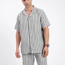 SHOWOFF Black Slim Fit Stripes Shirt Shorts Set-image-22