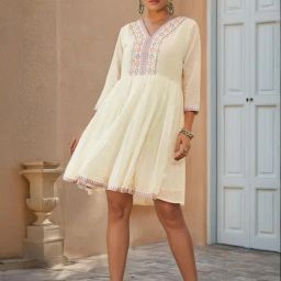 Soch White & Purple Cotton Floral Embroidered Dress With Faux Mirror-23