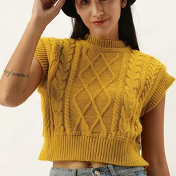 STREET 9 Women Mustard Yellow Cable Knit Crop Pullover-image-17