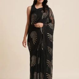 FABMORA Black Woven Saree With Unstitched Blouse-image-5
