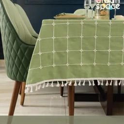 Urban Space Cotton Aura Checks Sage Green Embroidered Table Cover - 4 Seater-image-91