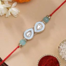 Karatcart Light Blue Meenakari Drop Shape Handmade Kundan Rakhi for Brother with Roli & Chawal-2