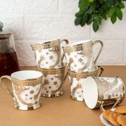 Clay Craft White & Rose Gold Ceramic Cup (0.18 L) - Set of 6-image-67
