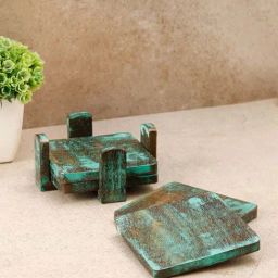 Unravel India New Blue Steam Beech Wood Coaster with Base Tray - Set of 4-40