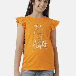 Under Fourteen Only Kids Orange Cotton Printed Top-image-74
