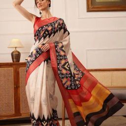 Silk Land Beige Silk Printed Saree With Unstitched Blouse-image-97