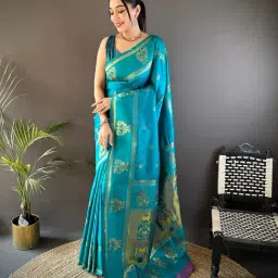 Elora Sky Blue Silk Ajrakh Banarasi Saree With Unstitched Blouse-picture-15
