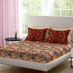 Portico Neeta Lulla Maroon Floral Cotton 210 TC Super King Bedsheet Set-2.74 m x 2.74 m-image-28