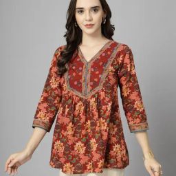 QOMN Maroon Cotton Printed Top-image-0