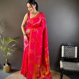 Elora Reddish Pink Silk Ajrakh Banarasi Saree With Unstitched Blouse-picture-39