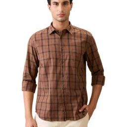 Parx Brown Cotton Slim Fit Chequered Casual Shirt-picture-12