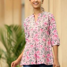 Libas Pink Cotton Printed A Line Short Kurti-image-20