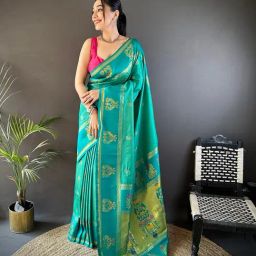 Elora Rama Green Silk Ajrakh Banarasi Saree With Unstitched Blouse-image-33