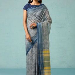 Taneira Blue Cotton Printed Saree With Unstitched Blouse-picture-3