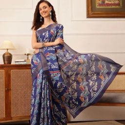 Silk Land Blue Silk Printed Saree With Unstitched Blouse-image-86