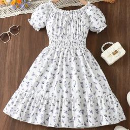 Bolly Lounge Girls White Cotton Blend Short Sleeves Floral Print Dress-image-128